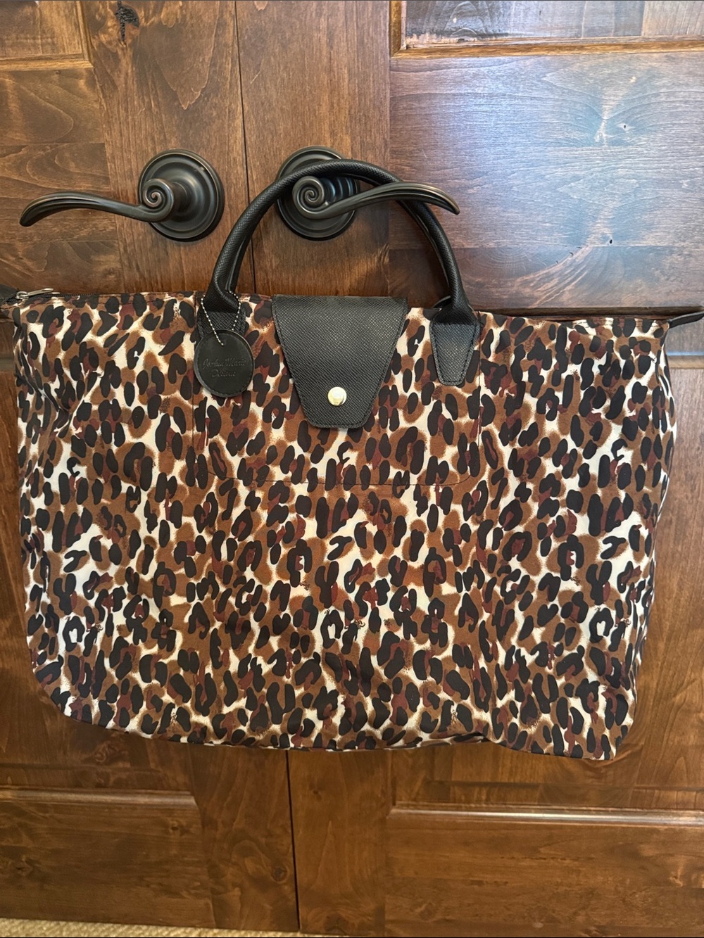 JoAnn Marie Designs Leopard Print Tote Bag with Black Leather Trim